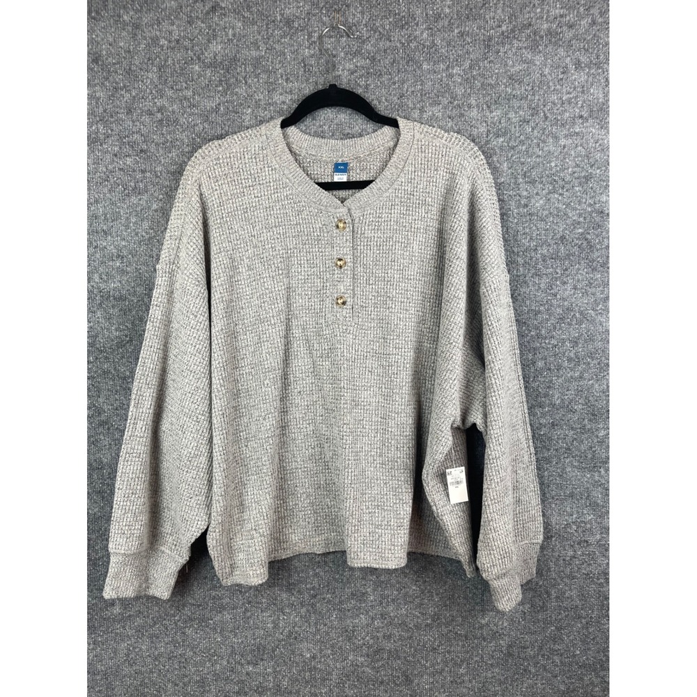 Old Navy Henley Top Womens XXL Gray New Waffle Knit Long Sleeve Button Placket